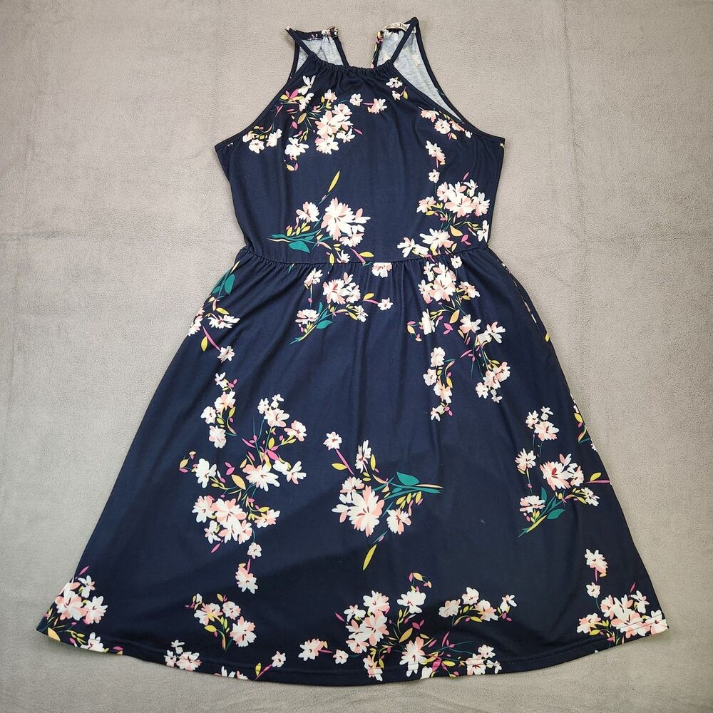 Kilig Sleeveless Sundress Women's M Blue Floral Pockets Beach Casual Halterneck